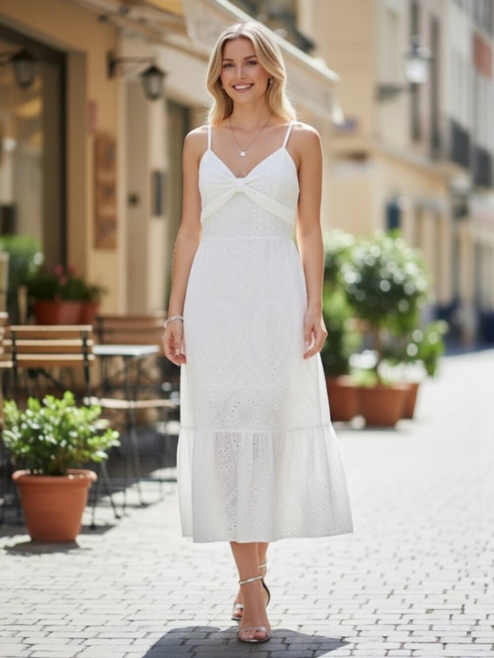 Vera Wang White Eyelet Spaghetti Strap Maxi Dress